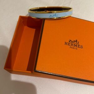 Hermes narrow Caleche light blue enamel bangle bracelet